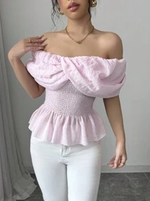 Chiquease Damen Prinzessin einfarbig Off-Shoulder, süßes, sexy, einfaches, lässiges Hemd für den täglichen Gebrauch, schlank geschnitten, tailliert, mit Rüschen, 2025 Sommer neue Bluse - Pink - Übersicht 5