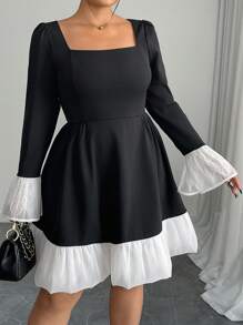 SHEIN Clasi Plus Size Solid Color Block Square Neck Long Sleeve Casual Black And White Mini Dress - Black - View 7