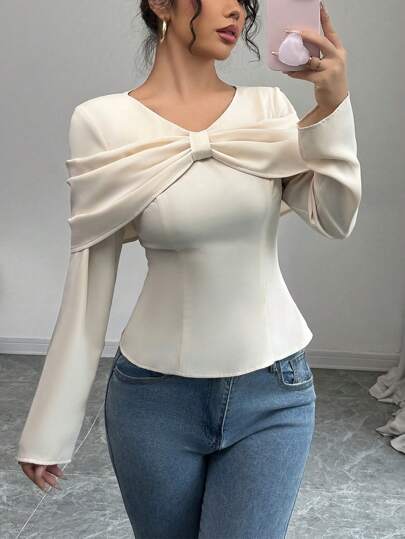 Rafferiza بلوزة فضفاضة الخصر من قماش ناعم ذات طراز فرنسي أنيق وفخم مزينة بالفراشات، متعددة الاستخدامات للاستعمال اليومي بأكمام طويلة باللون الخوخي الفاتح، مناسبة للربيع والصيف