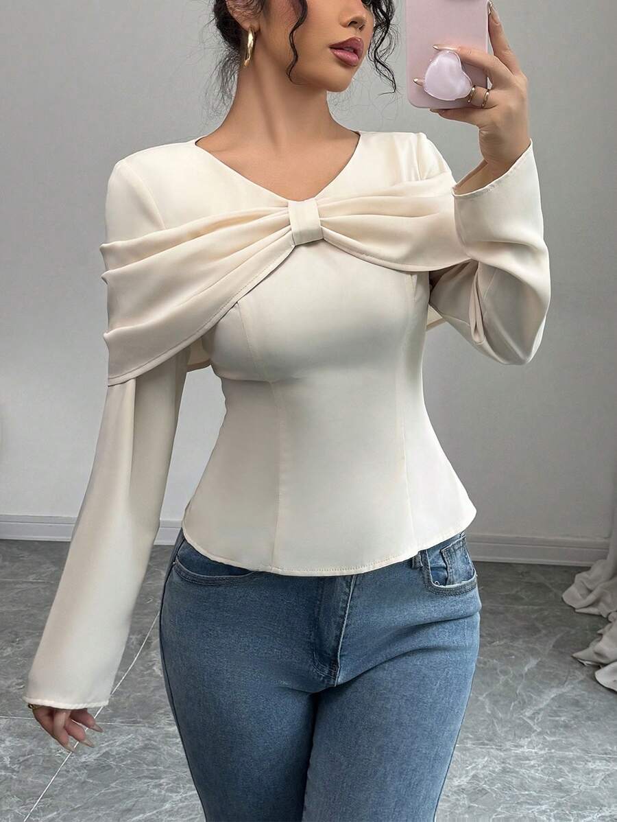 Rafferiza Elegant French Style Butterfly Decor Waisted Loose Soft Blouse,Cream White Long Sleeve Top For Tea Party,Autumn Daily Versatile Luxurious Apparel - Apricot - View 1