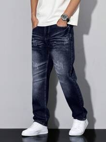 Manfinity Homme Men's Loose Straight Leg Casual Jeans With Pockets - Dark Wash - View 4