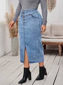 EMERY ROSE Plus Size Casual Vintage Wash Front Button Split Hem Fitted Denim Skirt For Autumn - Light Wash - View 3