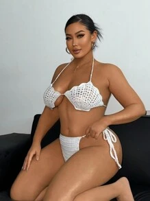 Swim SXY 夏季 2 件套大码性感钩针编织贝壳图案沙滩罩衫 - 白色 - 查看 6