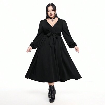 플러스 사이즈 고딕 섹시 딥 브이넥 랜턴 소매 맥시 드레스