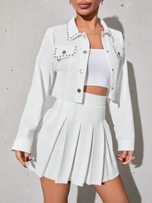 SHEIN PETITE Women Two-Piece Set Buttoned Jacket And Pleated Skirt - White - View 1