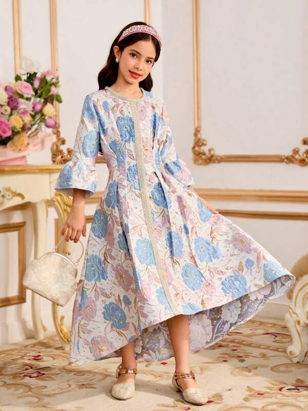 SHEIN Tween Girl Asymmetric Floral Print Long Sleeve Dress, Pink & Blue, Fashion Suitable For Parties, Gatherings, Ramadan, Spring & Summer