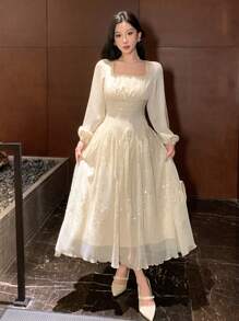 DAZY 优雅方领泡泡袖拼接中长连衣裙，适合春季婚礼宾客舞会礼服，秋季长袖连衣裙，奢华