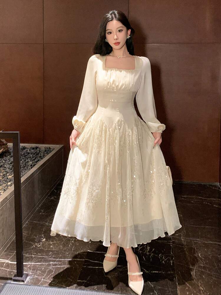 Elegant Square Neck Puff Sleeve Splicing Midi Dress,Cream White Autumn Floral Sparkly Dress For Women,Tea Party Spring Wedding Guest Prom Fall Dress