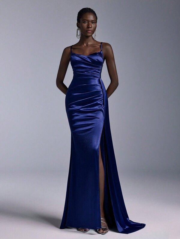 Elitara Elegant And Gorgeous Dark Blue Luxury Stretch Bright Satin Stitching Embroidered Lace Sequins V-Neck Breast Cup Pleats High Slit Fishtail Cascading Side Large Floating Pieces Decoration Suitable For Weddings, Festivals, Bachelor Parties, Graduation Evening Gowns (Heavy Industrial Style) Formal Prom Wedding Guest Dress, For Dinner Party Dress