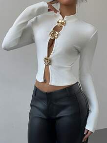 Aloruh Women Small Collar Metal Rose Decor Hollow T-Shirt, Autumn/Winter New Arrival