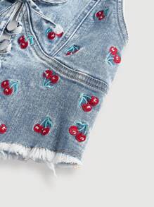 SHEIN MOD Women's Denim Halter Jacket With Front Tie And Cherry Pattern - Blue - View 3