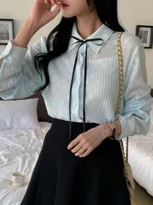 DAZY Texturierte Stoff-Schleifen-Krawatte Langarm Bluse, für Frauen, Frühling & Sommer