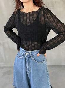 FRIFUL 女式黑色修身透明纹理面料圆领上衣长袖女式上衣