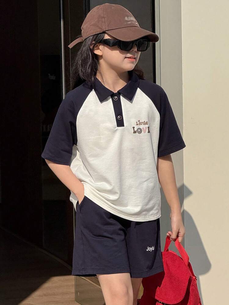 2pcs Tween Girls Set: Letter Print Polo Collar Short Sleeve Top And Shorts,Girls Summer Outfits,Back To School Clothes