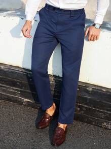 Manfinity Bizformal Men's Business Style Casual Pleated Slim Fit Trousers,Boyfriend Gifts - Navy Blue - View 1