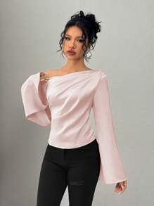 Chiquease Women's Elegant Solid Color Oblique Shoulder Ruched Flare Cuff Shirt, Autumn One Shoulder Top - Baby Pink - View 5