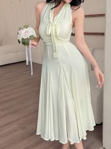 DAZY Women Mid-Calf High Neck Tied Pleated Mesh Solid Color Dress, Perfect For Date Night Prom Dress,Back To School Clothes - Beige - View 5