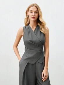 BizChic Women's Solid Color Sleeveless Blazer Suit Set With Pants