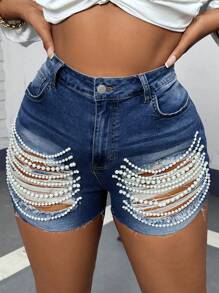 Slaydiva Plus Size Skinny Stretch Ripped Distressed Denim Shorts, Blue - Medium Wash - View 1