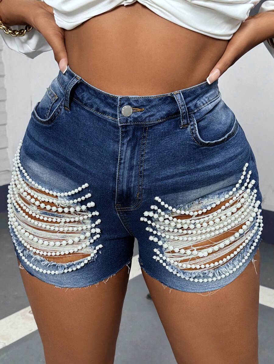 Slaydiva Plus Size Skinny Stretch Ripped Distressed Denim Shorts, Blue - Medium Wash - View 1