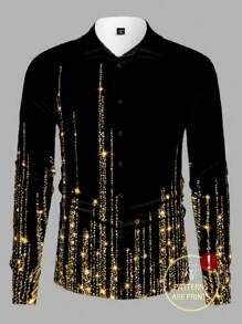 Manfinity BRENVOR 男士前扣长袖印花简约休闲衬衫，适合秋季日常穿着 - 黑色和金色 - 查看 2