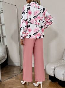SHEIN Clasi Women Casual Spring 2 Pieces Set: Floral Print Long Sleeve Shirt And Solid Color Pants Fall Cloth For Women - Pink - View 2