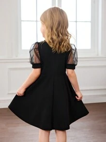 SHEIN Fern Glow  Young Girl's Cute Black Mesh Short Sleeve Dress, Summer - Black - View 2