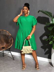 Slaydiva Nuevo vestido verde casual y minimalista con estilo versátil y sencillo, con cuello en V, volantes y parches, corte ajustado y suelto, estilo línea A, adecuado para primavera/verano - Verde - Ver 3