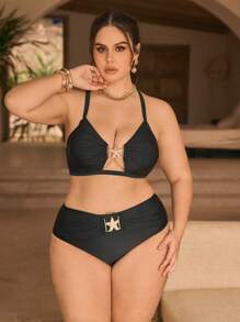 SHEIN X Sofía Suescun Swim Chiccia Plus Size Metallic Starfish Decor Adjustable Strap Swimwear Set, Suitable For Summer Beach - Black - View 5