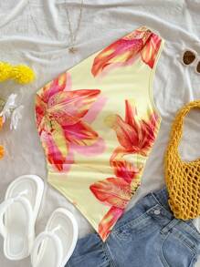 Soleia 女士春季休闲花卉印花露肩修身不对称不对称肩部衬衫上衣 - 黃色 - 查看 1