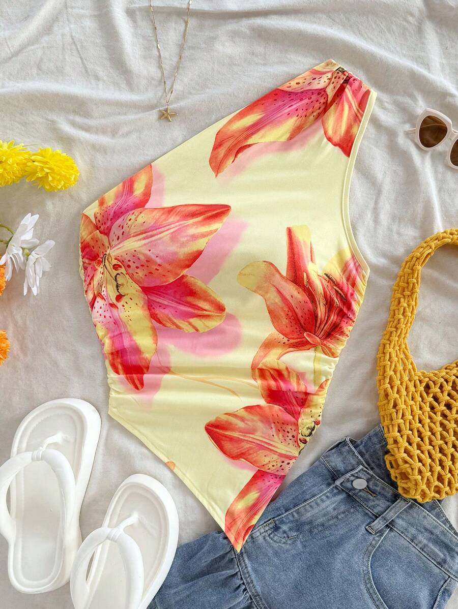 Soleia 女士春季休闲花卉印花露肩修身不对称不对称肩部衬衫上衣 - 黃色 - 查看 1