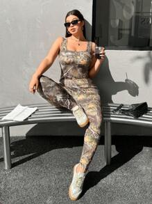 SHEIN EZwear Plus Size Women Camo Maple Leaf & Scenic Print Casual Slim Fit Jumpsuit,Spring Summer Clothes