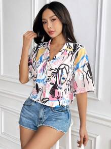 Muchica Blusa/camisa de mujer de manga corta con cuello, hombros caídos y corte cropped con estampado gráfico y botones - Multicolor - Ver 3