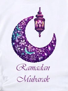 Ramadan Young Girl Casual Fashionable Creative Holiday Style Cartoon Cute Decorative Moon Light Pattern Print Casual Basic Short Sleeve Top, Mommy And Me Matching (2 Pieces Sold Separately) - White - View 7