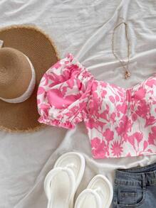 Soleia 女士夏季假期宽松花卉印花泡泡袖荷叶边下摆收腰浪漫休闲衬衫上衣，适合春季、派对、情人节、约会、下午茶 - 彩色 - 查看 6