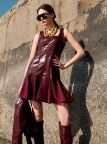 Anewsta Valentine's Day Autumn Shiny PU Leather Patch Mesh Splicing U-Neck Dress With Suit Jacket, Co-Ord Set