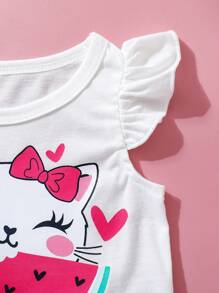 SHEIN Bộ 2 món/bộ cho bé gái sơ sinh và trẻ mới biết đi 0-3 tuổi mùa xuân hè mới dễ thương hàng ngày mèo hoạt hình ăn dưa hấu áo phông không tay + quần short trái tim màu đỏ hồng - Màu Hồng Tươi - Xem 4