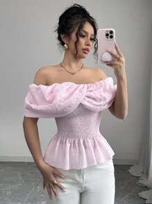Chiquease Damen Prinzessin einfarbig Off-Shoulder, süßes, sexy, einfaches, lässiges Hemd für den täglichen Gebrauch, schlank geschnitten, tailliert, mit Rüschen, 2025 Sommer neue Bluse - Pink - Übersicht 1