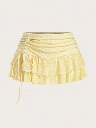 Sweetina Women's Ultra Low Waist Lace & Mesh Double Layer Pleat Tied High Slit Skirt