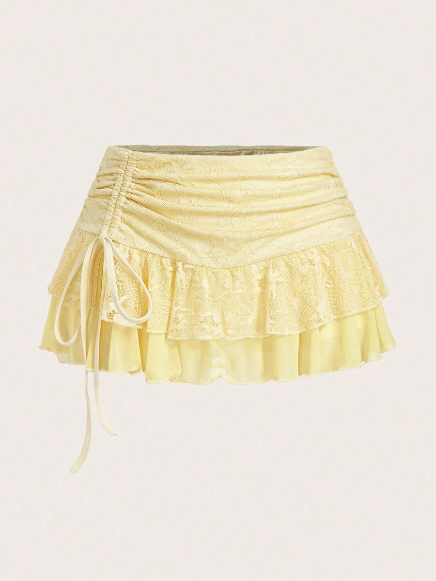 Sweetina Women's Ultra Low Waist Lace & Mesh Double Layer Pleat Tied High Slit Skirt - Mustard Yellow - View 1
