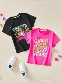 SHEIN Tween Girl Casual Slogan Print Short Sleeve T-Shirt - Multicolor - View 5