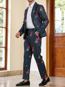 Manfinity Bizformal Men's Striped & Floral Print Lapel Neck Blazer Jacket And Pants Suit Set - Multicolor - View 4