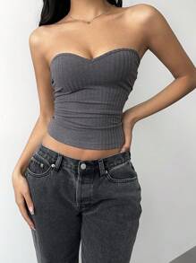 SHEIN BASICS Casual Solid Color Knit Fitted Bandeau Top For Women