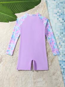 SHEIN 1 件 Tween Girl' 连体泳衣，可爱印花青少年海滩度假运动泳装 - 淡紫色 - 查看 2