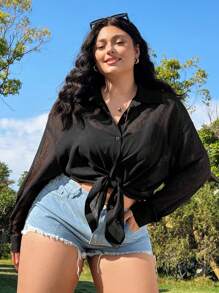 SHEIN EZwear 加大码宽松黑色透视休闲衬衫，女士外出上衣，春夏装 - 黑色 - 查看 1