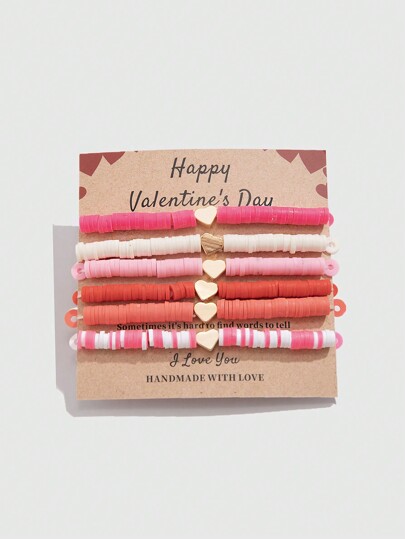 Kawaii 6pcs/Set Romantic Heart Shaped Beaded Pink Bracelets, Ideal Valentine's Day Gift For Women