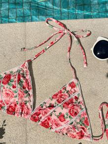 SHEIN VCAY Women's Halter Neck Backless Printed Tie-Up Bikini Top For Summer Beach Vacation - Pink - View 4