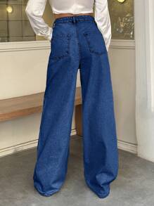EURMUSE 100% Cotton HIGH WAIST WIDE LEG VINTAGE  JEAN - Medium Wash - View 2