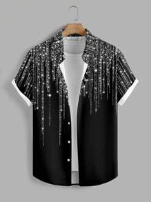 Manfinity AFTRDRK Camisa casual de manga corta de solapa única con estampado de lentejuelas para hombres