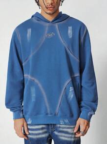 ROMWE MEN Street Life Men's Long Sleeve Printed Minimalist Hoodie, Casual Daily Wear - Blue - View 5